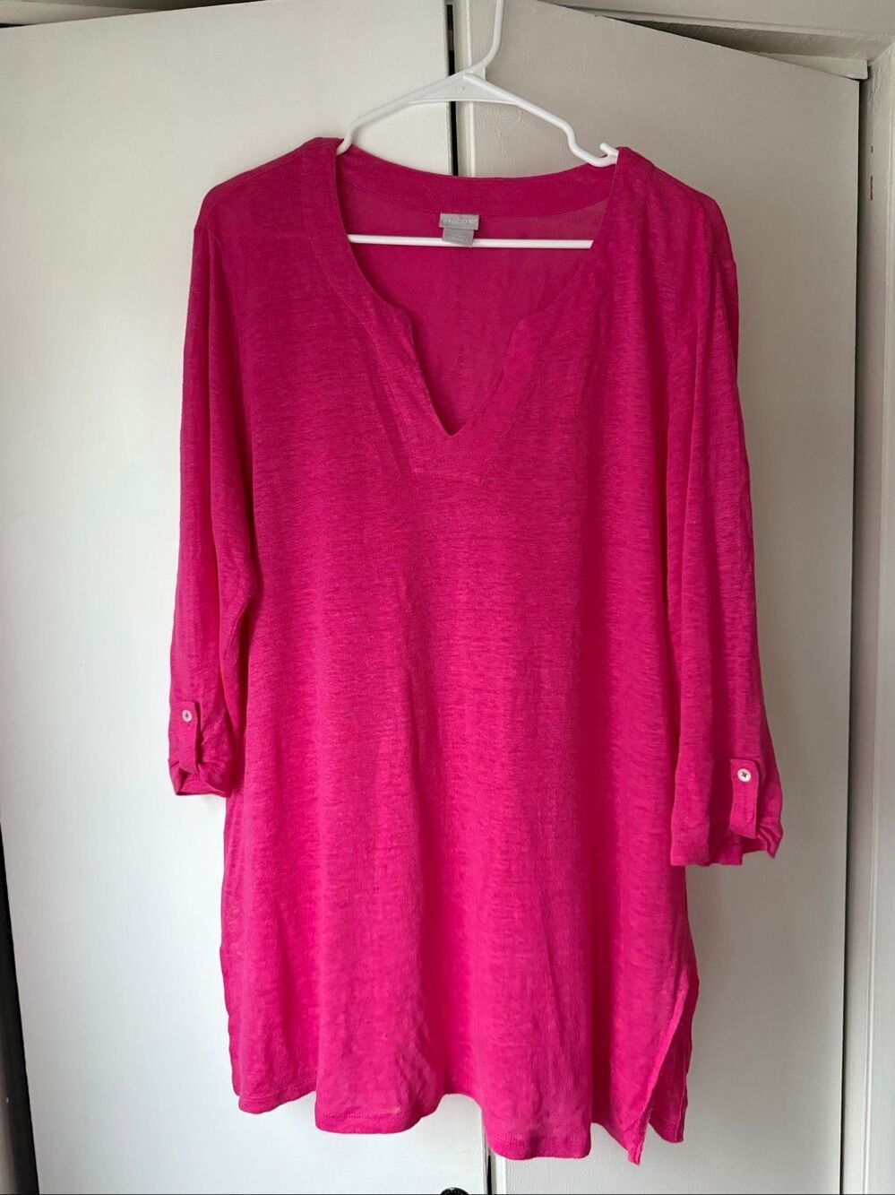Chico's Large Pink Flamingo Linen Short Sleeve Oversize Blouse Summer V Neck
